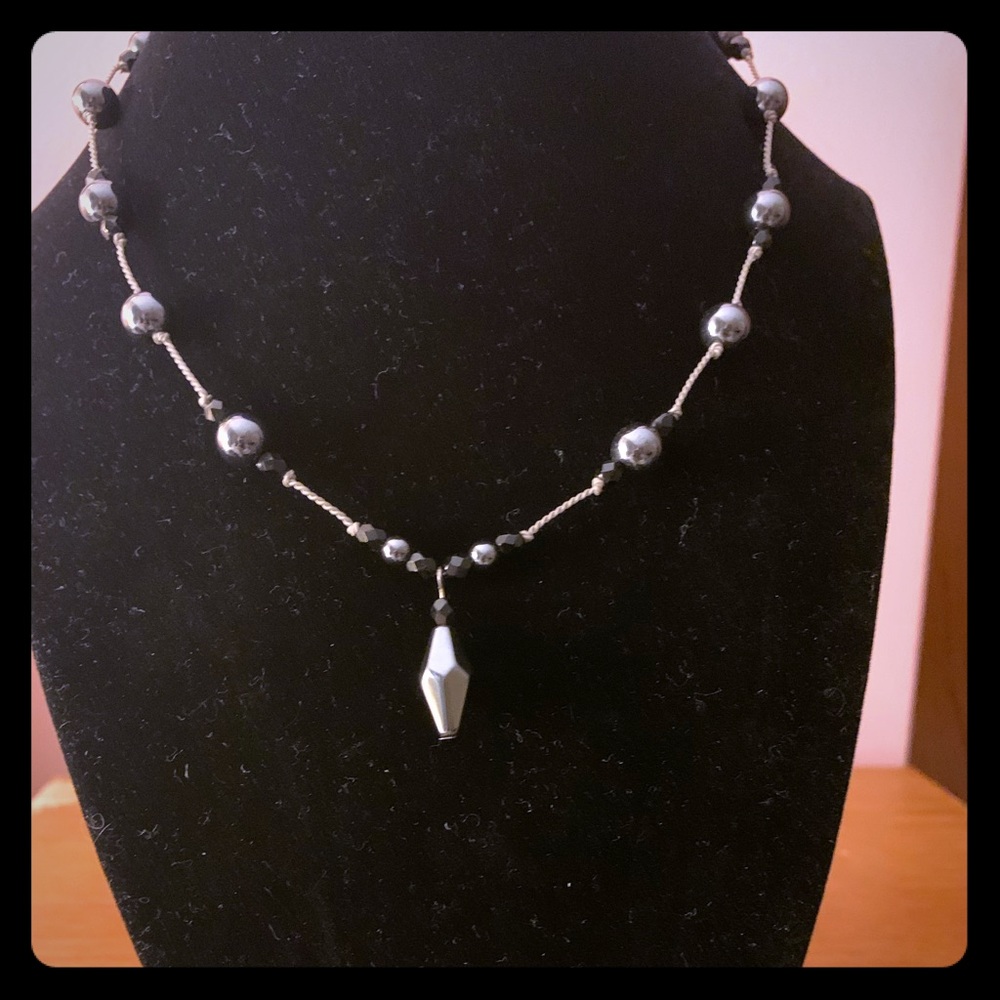 Black and silver beaded necklace and earring set